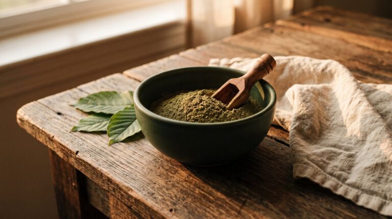 A jar of mid-green Green Maeng Da powder beside green kratom leaves on cream parchment.