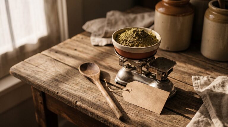 A plain kratom jar with a blank cream label beside a dried leaf on parchment.