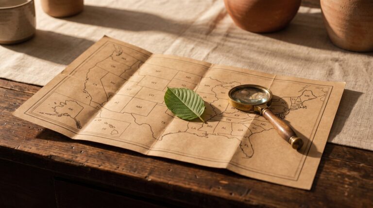 A dried kratom leaf resting on a folded parchment map of the United States.
