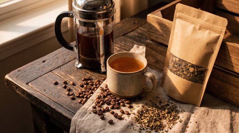 A cup of brewed kratom tea beside coffee beans and green kratom leaves on cream parchment.