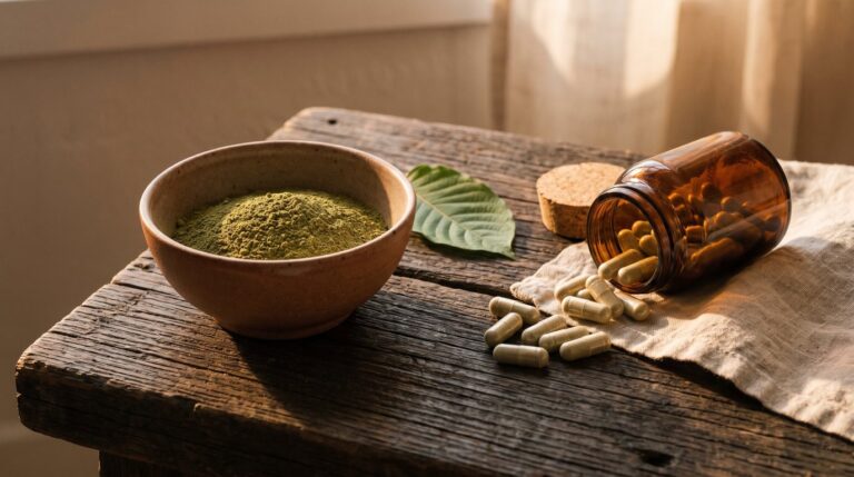 A jar of kratom powder beside a small pile of filled kratom capsules on cream parchment.