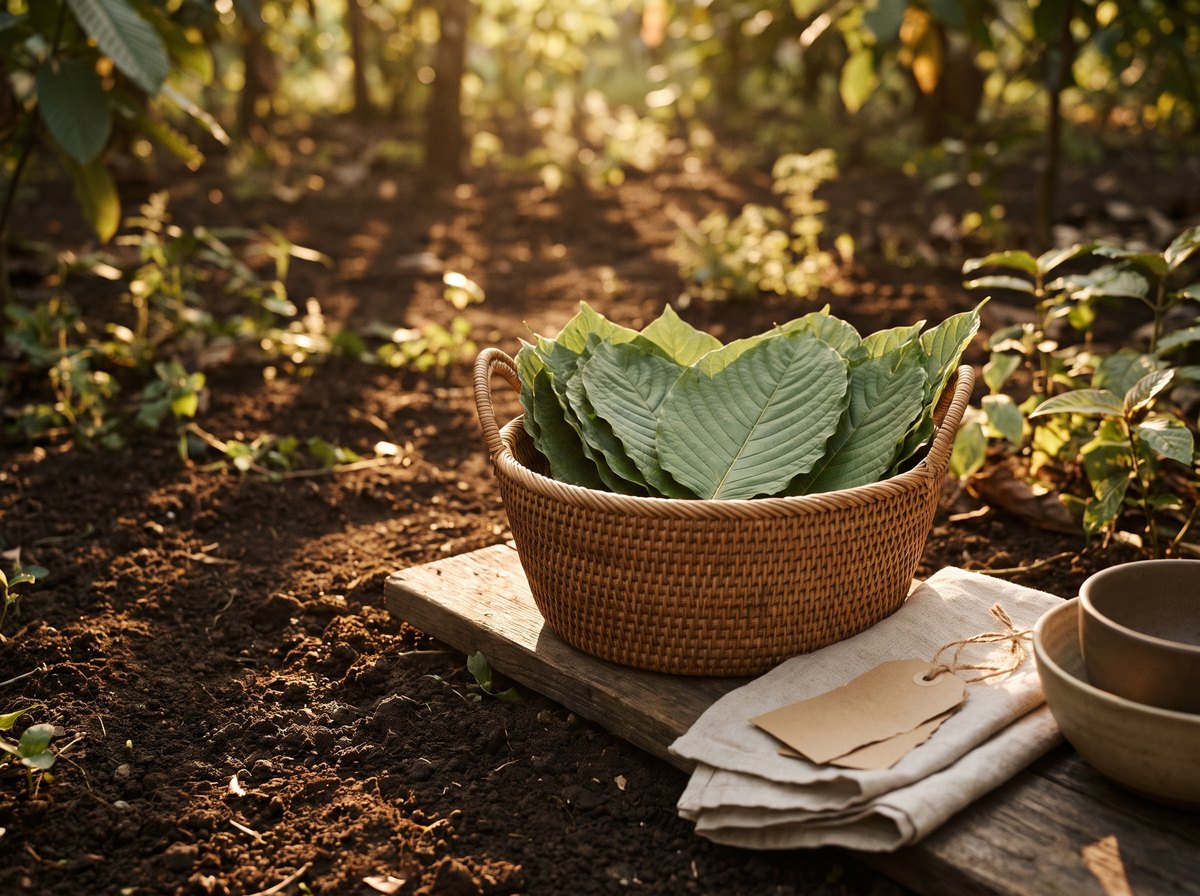 Woven basket of freshly harvested kratom leaves