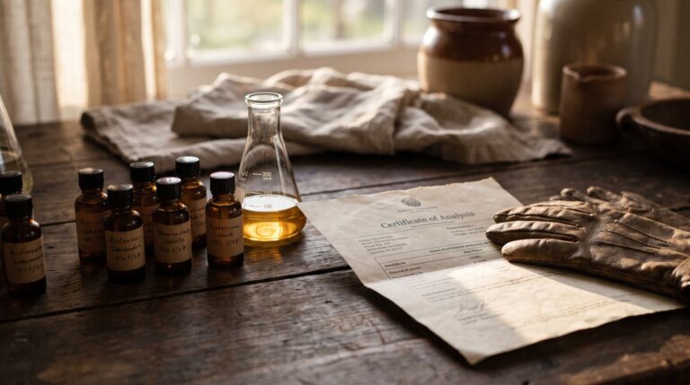 Botanical testing bench with beakers and kratom leaf powder