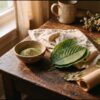 Fresh kratom leaves beside a bowl of green leaf powder
