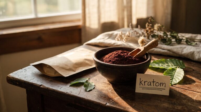 A jar of deep red Red Borneo powder beside broad red-veined kratom leaves on cream parchment.