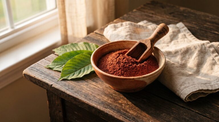 Red-veined kratom leaves beside a jar of deep red Red Maeng Da powder on cream parchment.
