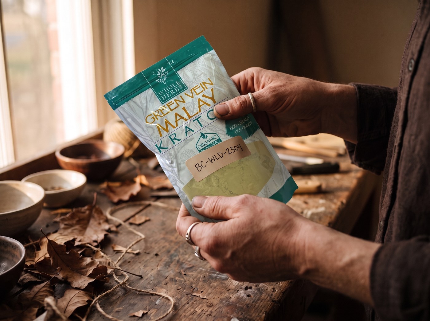 Hands holding a kraft pouch with a batch code sticker