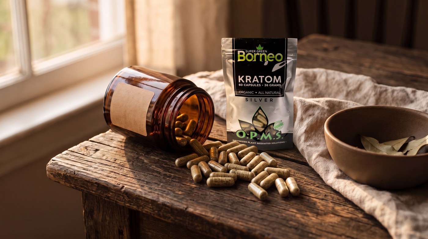 Kratom capsules spilling from an amber glass jar