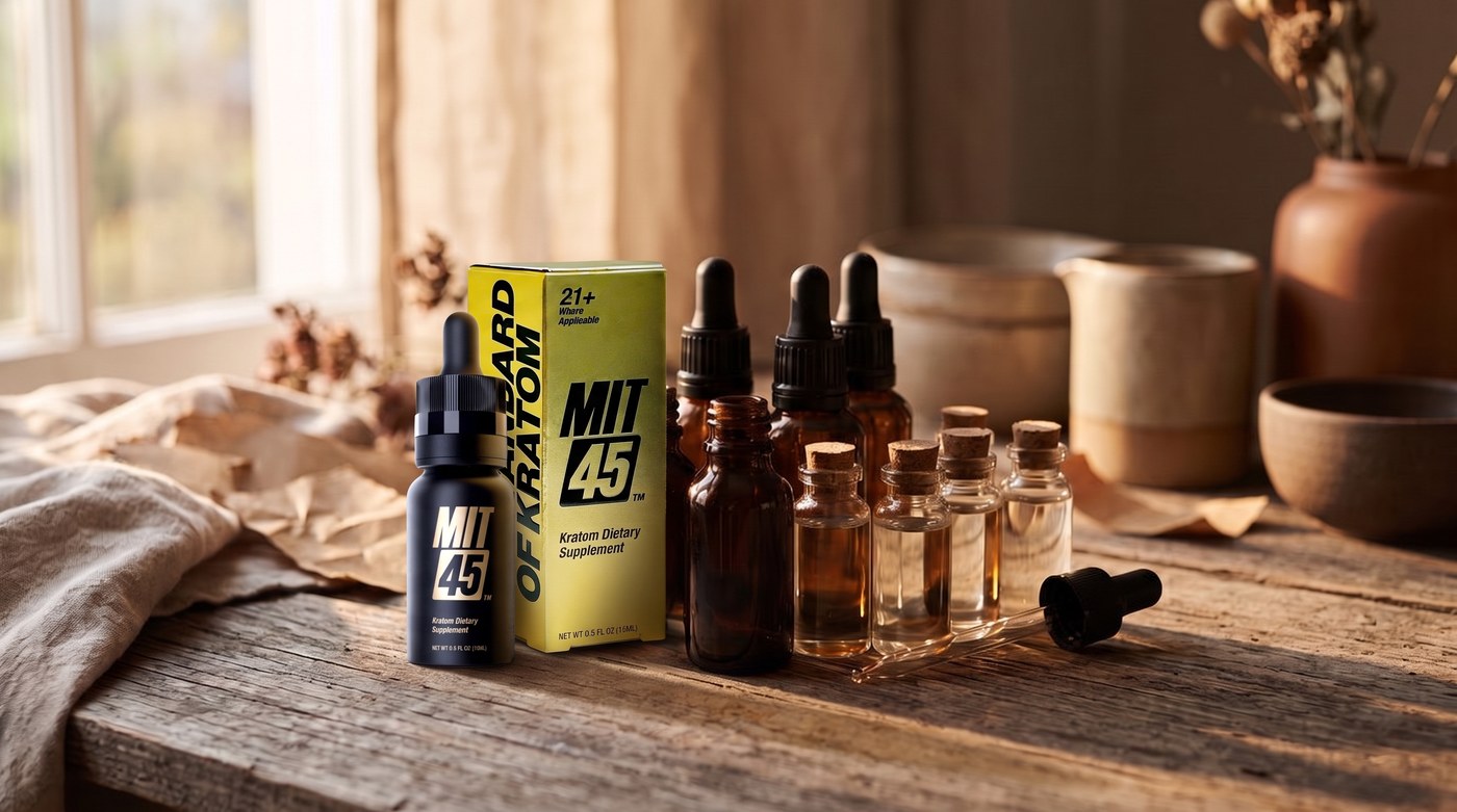 Kratom extract tincture and shot bottles on wood