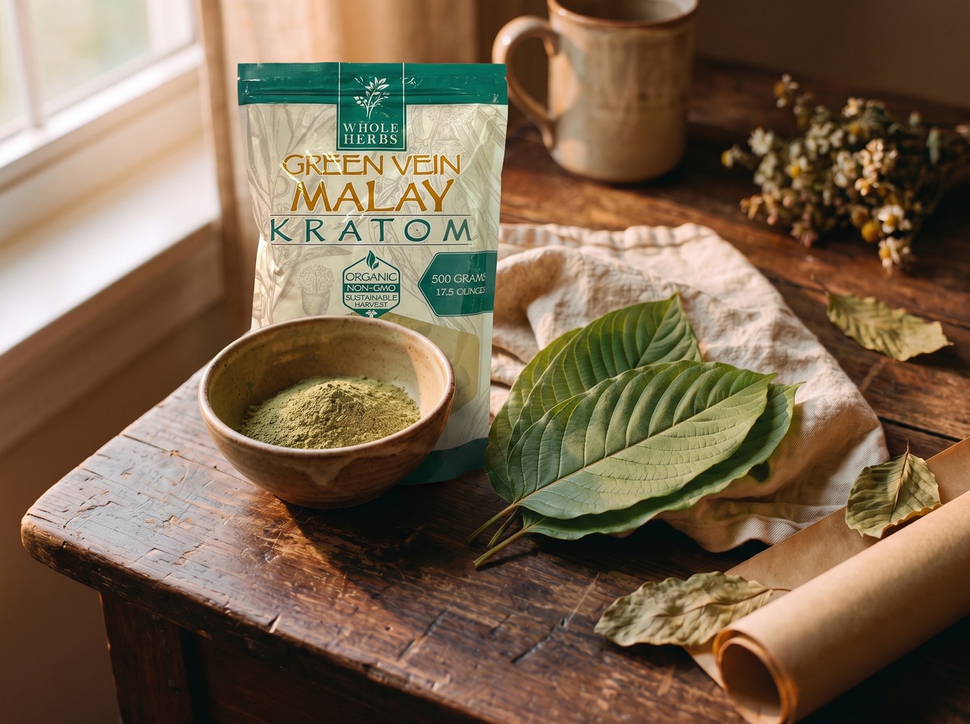 Fresh kratom leaves beside a bowl of green leaf powder