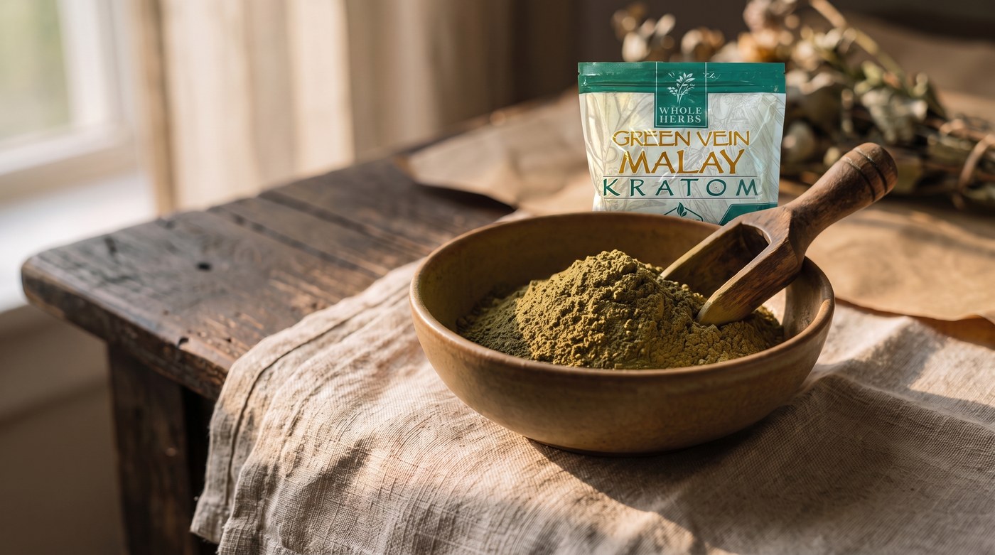 Fine green kratom powder in a ceramic bowl with scoop