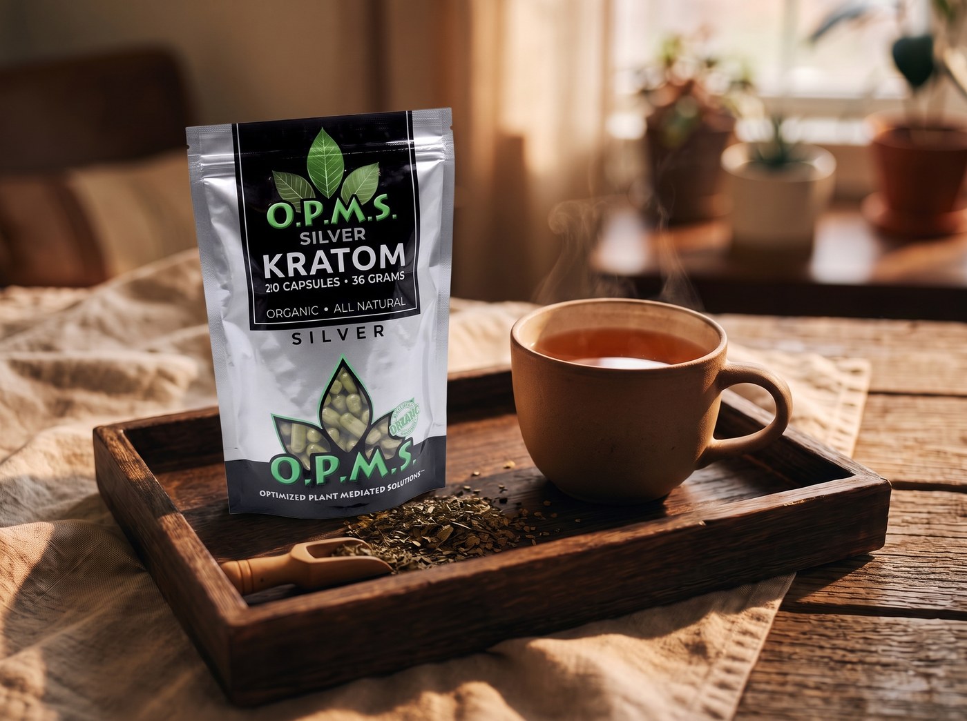 Tray with botanical tea, kraft pouch, and dried kratom leaves